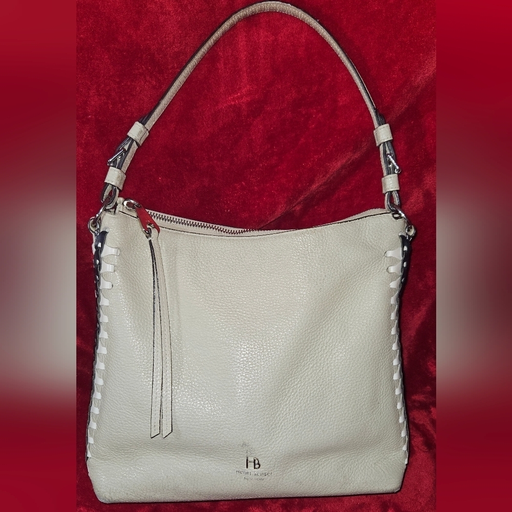 Henri Bendel Cream Pebbled Leather Shoulder Hobo Bag w/Whipstitching Design